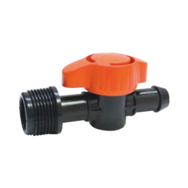 Mini válvula rosca macho con conector, permite regular el flujo de un fluido o gas y generalmente tiene una salida adicional que permite dirigir o derivar parte del flujo hacia otro destino específico. Muy usado en sistemas de riego tecnificado.