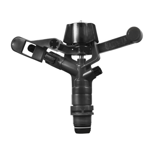 Aspersor de plastico circular con rompe chorro 3/4", utilizado en sistemas de riego tecnificado para mejorar la distribución del agua y tiene una conexión de 3/4 de pulgada para conectarlo a una manguera o sistema de riego.