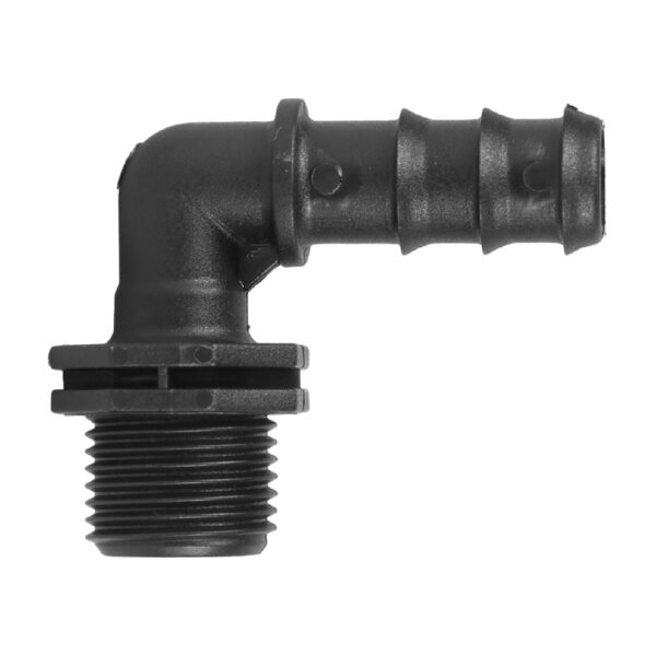 Codo dentado mixto, utilizado en sistemas de riego tecnificado para una distribución uniforme y precisa del agua en ángulos de dirección específicos.