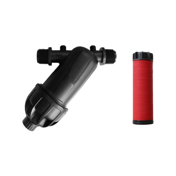 Filtro de agua 3/4", utilizado en sistemas de riego tecnificado para eliminar partículas, impurezas y contaminantes del agua, mejorando su calidad y haciéndola segura para el consumo humano o para aplicaciones industriales y comerciales.