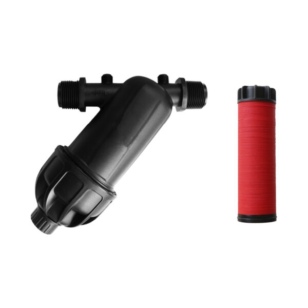 Filtro de agua 1", utilizado en sistemas de riego tecnificado para eliminar partículas, impurezas y contaminantes del agua, mejorando su calidad y haciéndola segura para el consumo humano o para aplicaciones industriales y comerciales.