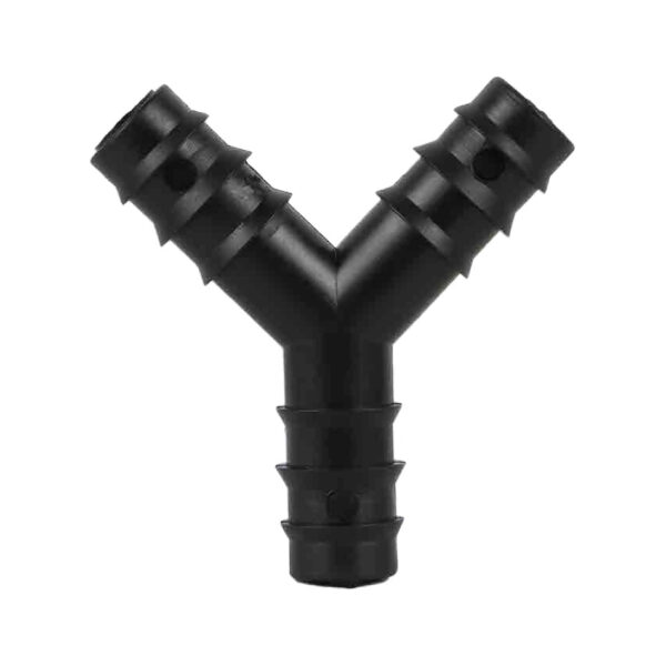 Yee dentado, utilizado en sistemas de riego tecnificado para cerrar un flujo de agua, se instala en una manguera o tubería con diámetro de 16 mm. Para el uso de sistemas de riego en agricultura, jardinería o granjas